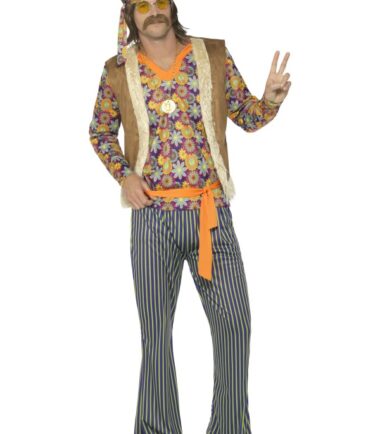 60's Hippie Singer Costume, Male, Multi-Coloured, with Top, Waistcoat, Trousers, Belt & Headband