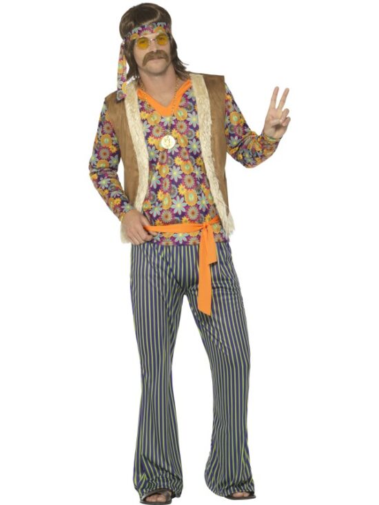 60's Hippie Singer Costume, Male, Multi-Coloured, with Top, Waistcoat, Trousers, Belt & Headband