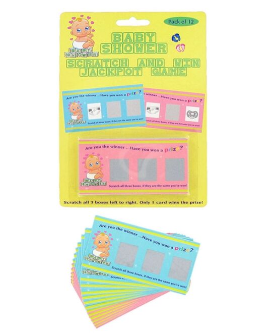 12 Cute Cards in a Lottery Type Scratch Card Game. Match 3 Baby Shower Images to a Win the Prize!