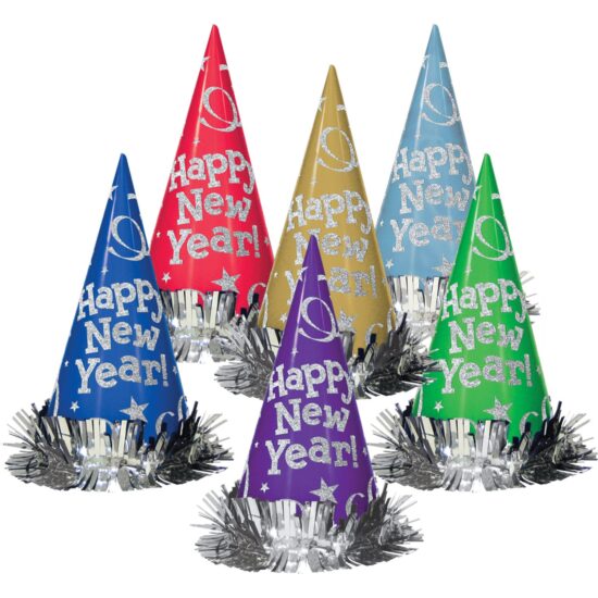 Jewel Tone Happy New Year Foil Fringe Cone Hats