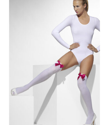 White Opaque Hold-Ups Pink Bow